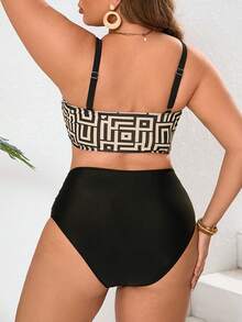 European And American New Women's Large Size Bikini High Waist Stitching Fashionable Sexy Plaid Print Split Swimsuit Swimsuit - 薑色 - 查看 2