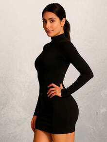 Vestido feminino Preto Tubinho Manga Longa Gola alta Cacharrel Curto Suplex Premium Básico Peça Coringa para Looks - Preto - Visão 5