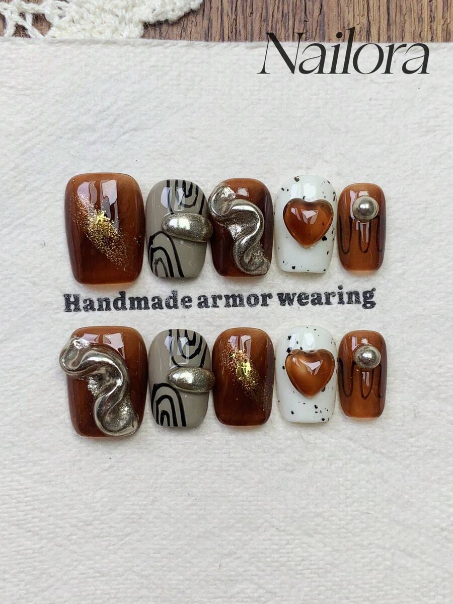 10片手工方形美甲贴片，短款，复古棕色、灰色、白色，含闪粉、金箔、3D爱心美甲饰品、手绘不规则线条金属圆点、铬粉美甲，简约优雅奢华的冬季美甲，极简美学秋季美甲贴片，多功能DIY假指甲，适合派对、日常、约会、工作场合，可重复使用，送给女性和女孩的美甲用品。 - 彩色 - 查看 1