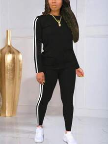 Plus Size Women's Casual Black & White Striped 2 Pieces Set, Autumn - Black and White - View 3