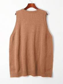 Plus Size Autumn/Winter Loose Fashion Casual Solid Color V-Neck Single Button Pocket Design Mid-Length Cardigan Sweater Vest - Brown - View 6