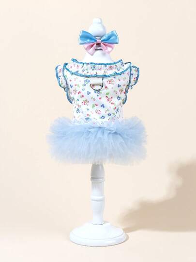 1 Set Pet Tulle Dress With Bowknot, Cute Fashion Printed Dress + Bowknot Pet Costume, Elastic Mesh Princess Pet Dress For Dogs & Cats