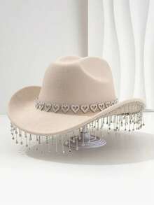 1PC Unique British Style Elegant Cowboy Hat For Men And Women, With Heart-Shaped Diamond Hat Chain, Tassel-Shaped Pendant, Bohemian Style Wide Top Hat, Colorful And Vibrant, Suitable For Western Theme Events, Role Play, Graduation, Graduation, Masquerade, Masquerade, Wedding, Celebration, Halloween Party