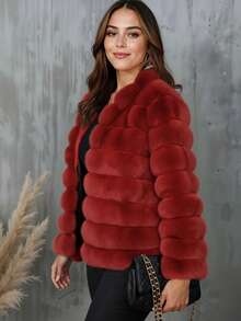 Abrigo Elegante de Color Sólido con Parte Delantera Abierta y de Peluche, Envolvente para Mujer Ideal para Otoño/Invierno - Rojo - Ver 3