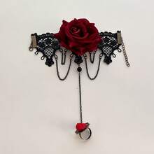 Vintage Gothic Red Rose Bracelet With Ring, Halloween Lace Flower Wristband, Bridal Accessory, Fashionable Vintage One-Piece Bracelet Jewelry - S001-01 đen + đỏ - Xem 10