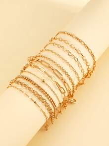 17/15/11 件时尚简约经典编织蛇链心形多层手链套装，女士生日节日派对婚礼周年圣诞礼物，百搭日常佩戴 - 金黃色 - 查看 6