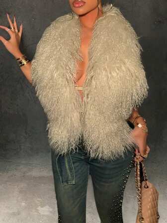 Women's Sexy Backless Faux Fur Vest Jacket With Deep V-Neck And Tie Back, Suitable For Autumn/Winter