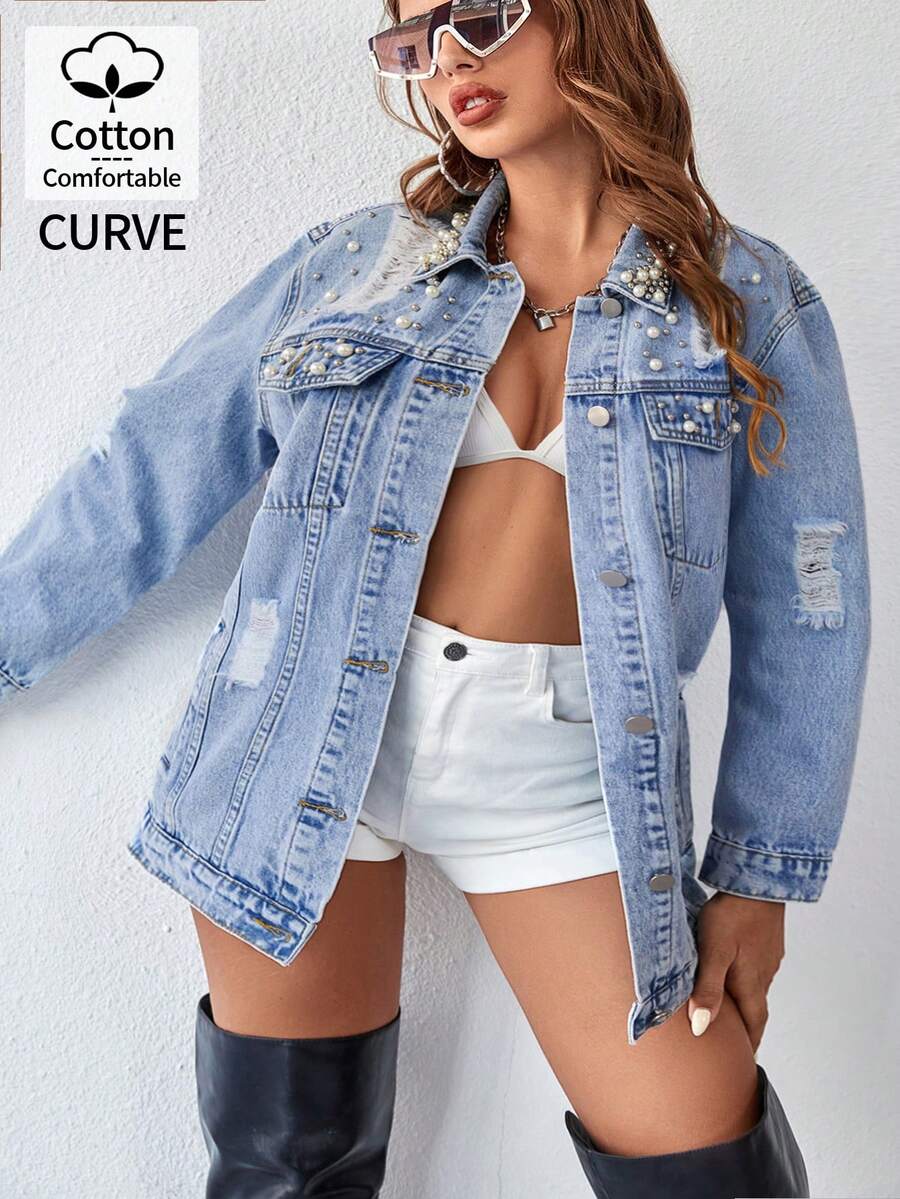 Plus Size Faux Pearl Decor Distressed Denim Jacket, Light Blue Loose Casual Ripped Denim Jacket, Suitable For Daily Street Style And Party Spring
