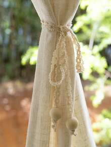 1 قطعة شريط تعليق ستارة النافذة/الباب، ديكور خرز خشبي بسيط وبسيط، من خامة الكتان الطبيعي، باللون البيج