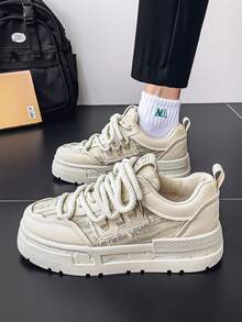 Men's Canvas Sneakers, Fashionable Casual Thick Sole Distressed Slip-On Shoes, Student Shoes - Beige - View 8