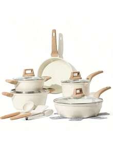 A Set Of Non Stick Cookware - White Granite Surface, Suitable For Induction Cookers, Including Frying Pans And Stew Pots, Soup Pots With Lids, Suitable For Home Kitchen Use