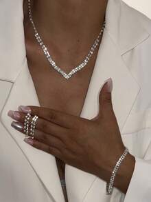 Elegant Lady Jewelry Set - Rhinestone Necklace, Earrings, And Bracelet, Fashionable Minimalist Design, Suitable For Weddings, Parties, And Formal Occasions