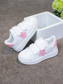 1 Pair Kids Versatile Hook And Loop Breathable White Sneakers With Embroidered Bow, Chinese Knot Decor, Fashion Casual Flat Shoes For Girls And Boys - 粉色 - 查看 5