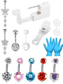 肚脐穿孔套装 肚脐穿孔枪套装 肚脐环 家用自助肚脐穿孔枪 不锈钢肚脐环 - 白色 - 查看 1