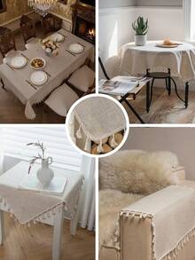 1pc Elegant Cream-Colored Linen Tassel Tablecloth, Rectangular European Style Coffee Table/Bedside Cabinet Cloth, Washable, Suitable For Farmhouse, Kitchen, Dining Table, Dinner, Family Gathering, Buffet, Wedding, Hotel Decor, Daily Home Decor, Thanksgiving Party Decoration