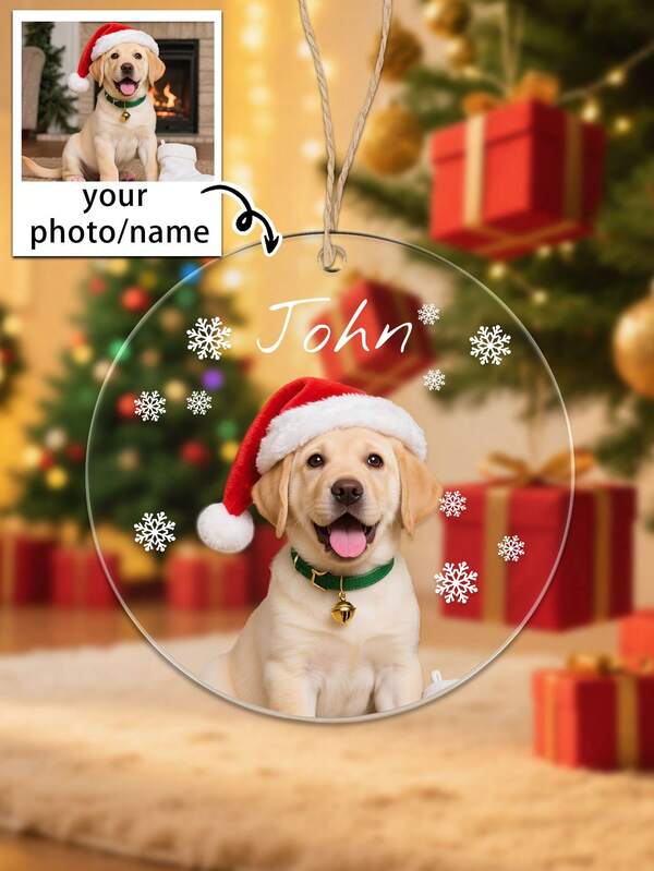 1pc Custom Photo&Name Ornament, Personalized Name Acrylic Christmas Ornament, Ornament With Snowman Patterns, Round Shape, Accessories Ornaments Decoration, Scene Decor, Room Decor, Home Decor, Holiday Party Decor