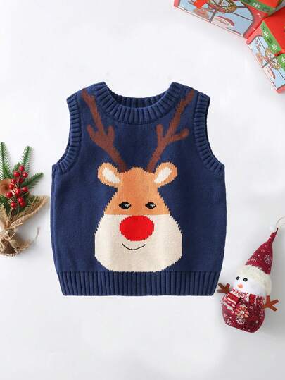 BOARNSEORL كنزة صوفية صوفية مُحبكة للأطفال الصبية باللون الأزرق الكحلي مع تصميم رنة عيد الميلاد، مناسبة لحفلات العطلات وعيد الميلاد