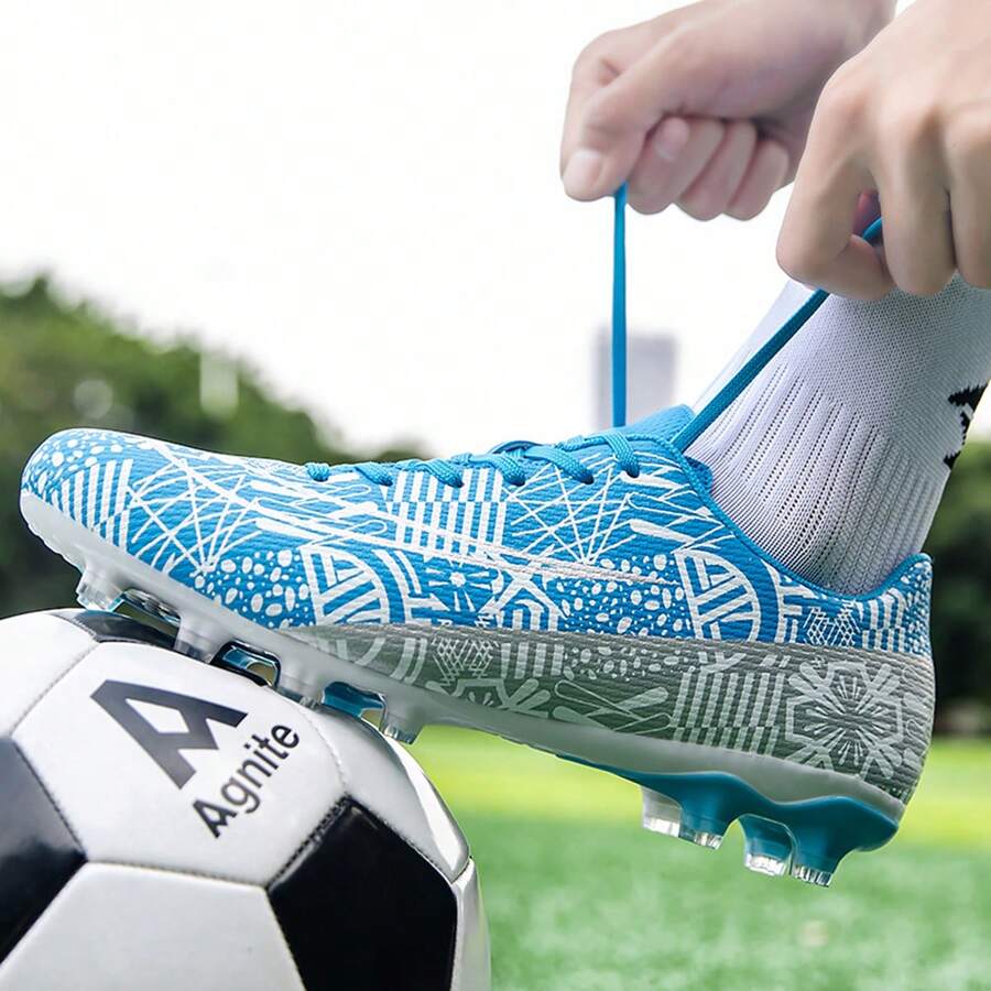 男式足球鞋女式室内足球鞋宽版棒球草皮鞋成人青少年橄榄球鞋大童小钉鞋AG足球鞋 - 藍色 - 查看 1