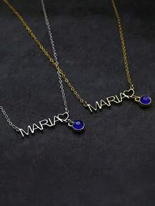 1pc Customized Name Necklace, Personalized Name Necklace With Blue Gemstone Pendant, Stainless Steel Engraved Plate Pendant Necklace, Handmade Jewelry, Birthday/Christmas/Valentine's Day Gift For Her/Him - Multicolor - View 5