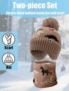 2 件恐龙冬季儿童针织帽，男孩女孩保暖内衬无檐小便帽围巾套装，厚针织绒球帽和颈部保暖围巾套装