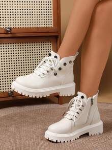 1 Pair Lace-Up Snow Boots For Women, Thermal Lined Thick Soft Sole Motorcycle Boots, British Style Winter Boots - Beige - View 6