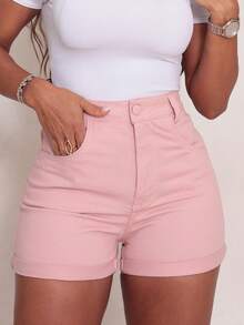 Short Jeans tradicional Feminino Botão Forrado - Rosê - Visão 1