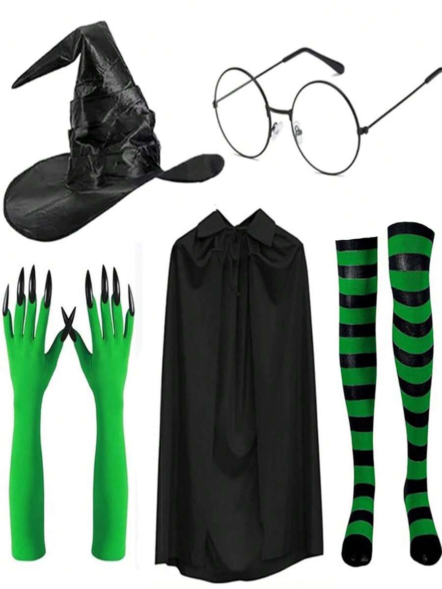 1 Set Of Halloween Green Witch Claw Gloves, Wrinkled Wizard Hat, Cape, Round Glasses, And Socks (5pcs) - A - View 1