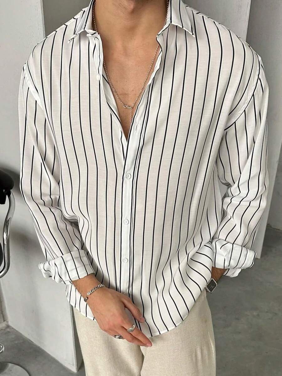 Camicia casual a maniche lunghe con righe "Old Money" da uomo, autunnale