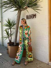 彩色印花宽松波西米亚阔腿裤两件套 - 綠色 - 查看 4