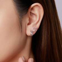 WOSTU 1 PC 925 Sterling Silver Pink Bow Stud Earrings Enamel Process Cute Hoop Earrings Stacked For Women Girl Original Fine Jewelry Gift