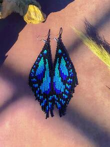 1 Pair Women's Fashion Beaded Earrings, Bohemian Style, Vintage, Animal & Insect Pattern, Blue & Orange Butterfly Shape, Tassel Pendant Swaying, Elegant Charm Fashion Accessory, Handmade, Suitable For Women, Couples Daily Wear/Daily Gift, Suitable As Holiday Gift