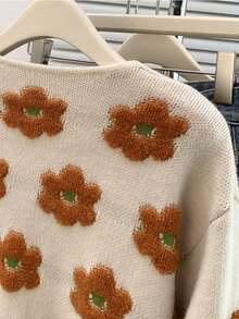 Ladies' Fashion Knit Cardigan - Round Neck, Floral Embroidery & Button Front, Casual Loose Fit