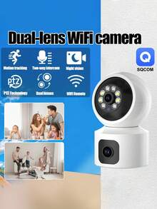 FHD Wireless Security Camera With Pan Tilt Zoom Function, Dual Lens Dual Screen, Intelligent Tracking And Voice Alarm - Full-Color Day/, USB Power Supply, Dual Channel Audio Intercom, 1 Device Equals 2 Devices, Monitoring And Viewing From 2 Different Angles