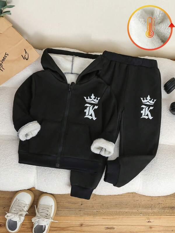 Conjunto de 2 piezas de sudadera con capucha y pantalones estampados con letras, cómodo y casual para niño, para invierno