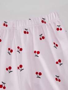 Sött tjejklädset med körsbärstryck, trendigt och elegant set med rund hals och långärmade casualbyxor i 2 delar, lämpligt för vår, höst och vinter, dagligt hemklädesplagg - Babyrosa - Visa 5