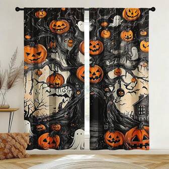 2 件万圣节鬼树印花门帘 - 恐怖南瓜灯、蝙蝠和鬼魂图案，100% 涤纶半透明杆口窗饰，适用于卧室、客厅、厨房、办公室，可机洗现代家居装饰，耐用窗帘面料，节日气氛风格