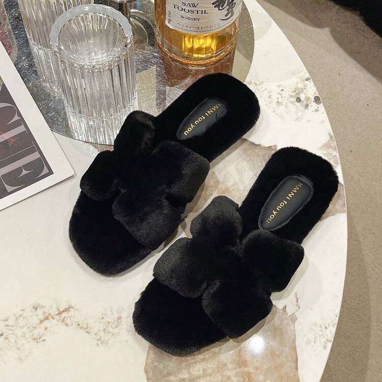 Women's Home Slippers, Comfortable Fashionable Fuzzy Slippers, All-Season Indoor Flat Plush Slippers, Women's Floor Slippers, Fluffy Home Slippers, Indoor Floor Winter Warm Lightweight Bedroom Slippers - Black - View 8