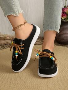 Preppy Style Lace-Up Beaded Criss-Cross Tie Flat Loafers For Women, Vintage Casual Slip-On Shoes, Versatile For Autumn