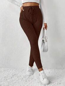 Autumn And Winter Solid Color Slim Fit High Waist Solid Color Knit Ribbed Knit Elastic Fleece Large Ribbed Waist Leggings Stage And Concert Home Women's Style Cool European And American Style! - Brown - View 3