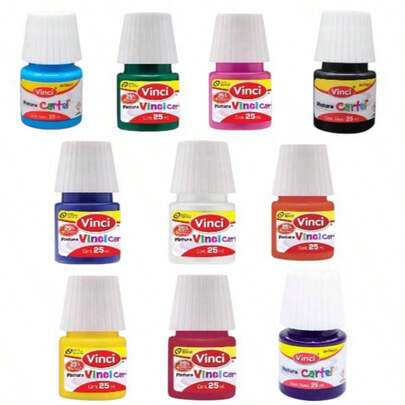 Set 10 piezas de pintura VINCI acrilica 25ml incluye colores: amarillo, azul pastel, verde esmeralda, azul ultramar, rojo carmin, bermellon, blanco, negro, violeta y rosa mexicano.