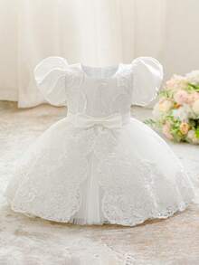 Baby Girls 0-2 Years Old Lace Puff Sleeve Mini Dress, White Christening Gown Suitable For Parties - White - View 12