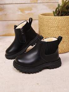 儿童冬季保暖内衬靴，简约英伦风侧拉链男女童厚底踝靴