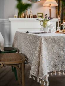 1 buc. Față de masă cu ciucuri, în stil pastoral francez, bej, cu imprimeu de crizanteme, husă de masă dreptunghiulară pentru măsuța de cafea, dulap TV, decor pentru casă