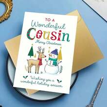 1pc Festive Christmas Card For Cousin - "To A Wonderful Cousin Merry Christmas" Greeting With Reindeer, Snowman & Holiday Decorations - Perfect Family Gift For Winter Celebrations, Holiday Greeting Card|Playful Design|Paper Christmas Card, Christmas Cards