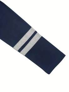 Plus Size Women Casual Blue-Grey Striped 2 Pieces Set - Navy Blue - View 5