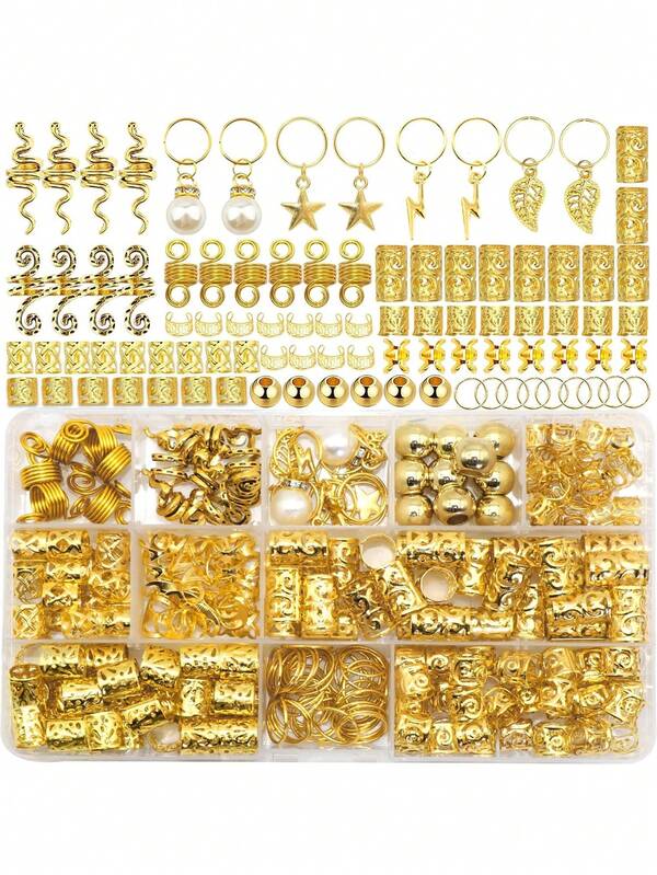 220pcs Gold Hair Accessories, Suitable For Braids, Women Hair Decorations, Metal Hair Rings & Clips For Braiding, Bohemian Style Hair Accessories