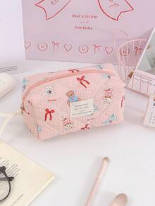 1 Piece Large Capacity Cosmetics Storage Bag Portable Travel Cosmetics Pouch Red Bow Pattern Makeup Bag Multi-Functional Make Up Bag Set Pink Travel Toiletry Bag For Girls Cute Cartoon Print Skincare Organizer Bag Foam Quilted Household Makeup Bag - Pink - View 14