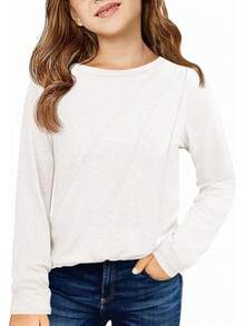 Kids Girls Long Sleeve Crewneck Tee Pleated Casual Top 5-14Y - trắng - Xem 1