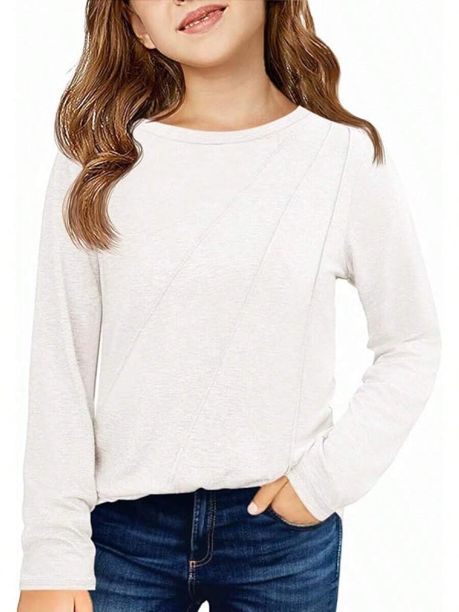 Kids Girls Long Sleeve Crewneck Tee Pleated Casual Top 5-14Y - trắng - Xem 1