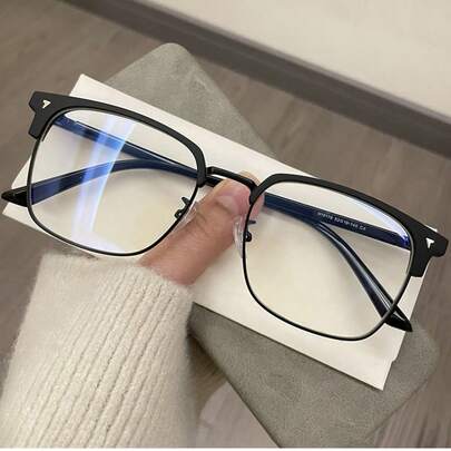 Fashionable Half-Frame Glasses For Men, Black Frame, Non-Prescription, Flat Lens